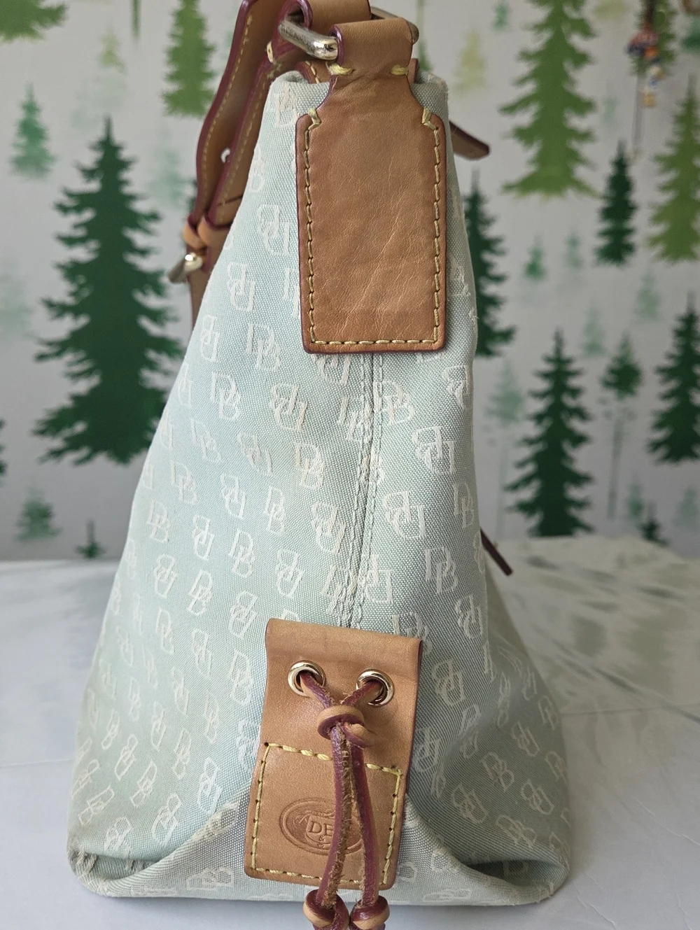 Dooney & Bourke Light Green Satchel with Tan Trim and Gold Hardware